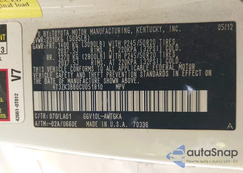 2012 Toyota Venza Limited V6 из США, поврежденный, VIN 4T3ZK3BB0CU051810